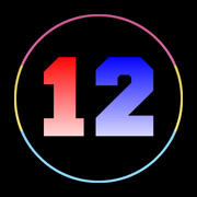 The number 12, circled. The digits are coloured red and blue, and the circle has the colours of the Pansexual flag, pink yellow and cyan.